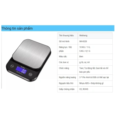 Cân điện tử nhà bếp KHALIK WH-B28 chịu nước, pin sạc lại, siêu bền, độ chính xác cao - Fullbox 7