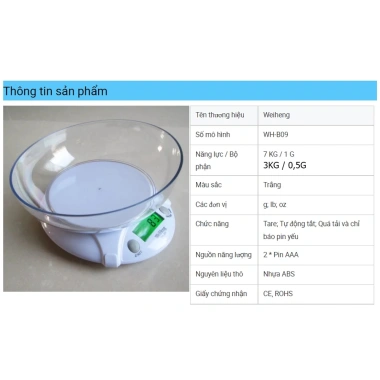 Cân điện tử nhà bếp KHALIK WH‑B09 3‑7kg, chính xác cao, kèm tô đựng, dùng pin Fullbox