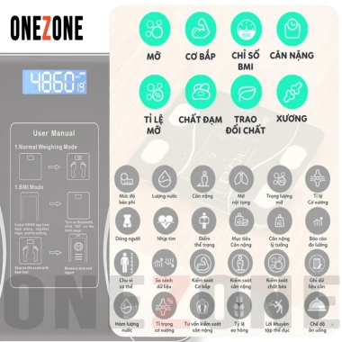 Cân Điện Tử ONEZONE Bluetooth Đo 18 chỉ số, pin Type-C, tải trọng 180kg, 90.000 VND