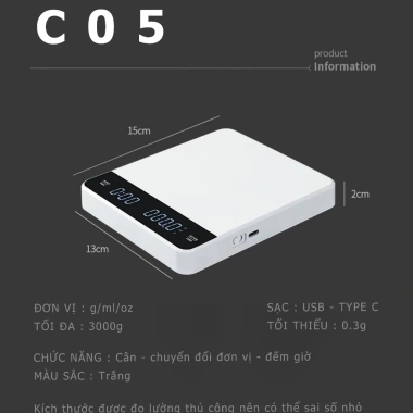 Cân điện tử sạc pin LED 3kg/0.1g màn hình cảm ứng dùng cho cà phê, giá 213.000đ