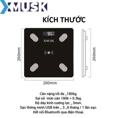 Cân Điện Tử Sức Khỏe XMUSK Bluetooth, Sạc USB, Độ Chính Xác Cao, Tặng Thước Đo Eo - 155k