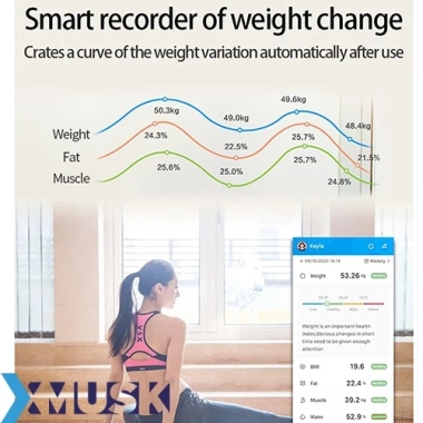 Cân Điện Tử Sức Khỏe XMUSK Bluetooth, Sạc USB, Độ Chính Xác Cao, Tặng Thước Đo Eo - 155k