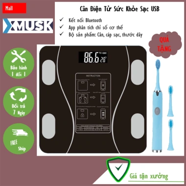 Cân Điện Tử Sức Khỏe XMUSK Bluetooth, Sạc USB, Độ Chính Xác Cao, Tặng Thước Đo Eo - 155k