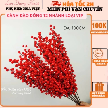 Cành Đào Đông Đỏ 6-12 nhánh 65-100cm - Decor Tết, Tháp, Oản - Giá ưu đãi 14.999₫