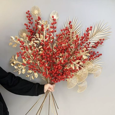 Cành dương xỉ phủ nhũ vàng, đào bông decor Tết, giá ưu đãi 20.350 VND
