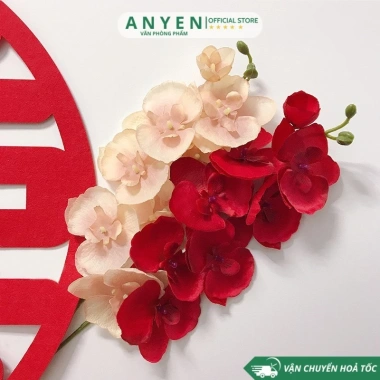 Cành Hoa Lan Nhựa Giả 70cm - Hoa Vải Đỏ Hồng Cao Cấp, Decor Cắm Bình Đám Cưới, Tết, Bàn Thờ, 14.500 VND