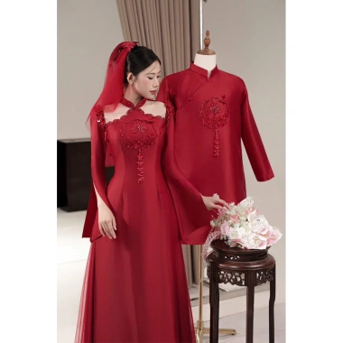 Cặp áo dài cổ yếm tay bồng, mẫu dâu rể thịnh hành - Giá chỉ 525.000₫