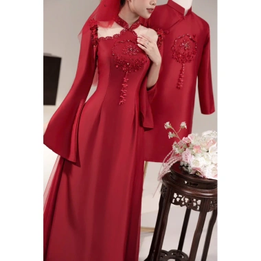 Cặp áo dài cổ yếm tay bồng, mẫu dâu rể thịnh hành - Giá chỉ 525.000₫