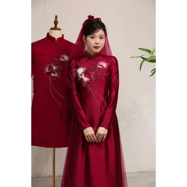 Cặp áo dài dâu rể đính kết chữ hỷ + lông vũ cao cấp – Giá chỉ 550.000 VNĐ