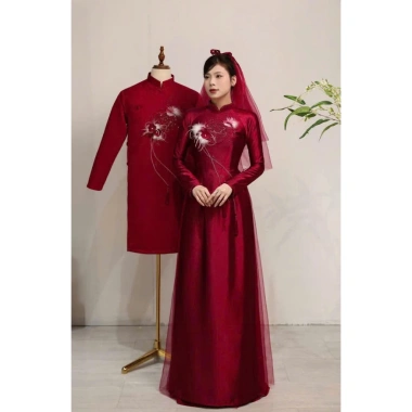 Cặp áo dài dâu rể đính kết chữ hỷ + lông vũ cao cấp – Giá chỉ 550.000 VNĐ
