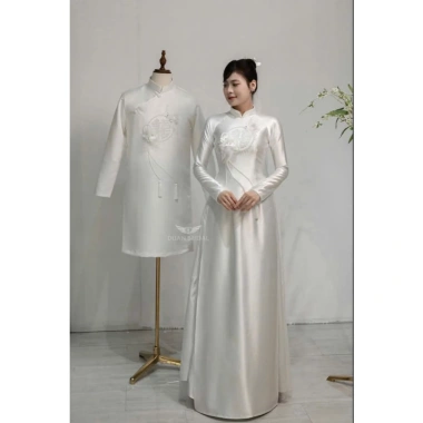 Cặp áo dài dâu rể đính kết chữ hỷ + lông vũ cao cấp – Giá chỉ 550.000 VNĐ