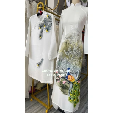 Cặp Áo Dài Nam Nữ Tafta Lụa Trắng Vẽ Tay Cao Cấp - Dự Tiệc Cưới Hỏi, Lễ Tết