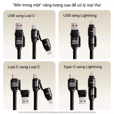 Cáp sạc nhanh 240W 4 trong 1 cho ô tô - CarPlay, Carlife, Lightning, Type-C, siêu tốc 110k 3