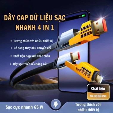 Cáp sạc nhanh đa năng 4in1 – Sạc nhanh, truyền dữ liệu, hỗ trợ mọi thiết bị, giá chỉ 59.000₫