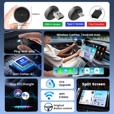 Carlinkit Mini Ultra USB-A CarPlay Android Auto - Chuyển đổi có dây sang không dây, Plug & Play, OTA cập nhật