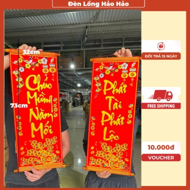 Câu đối đỏ Mai Đào 32x73cm vải nhung - Trang trí Tết Ngày Xuân, ưu đãi 150.000 VND