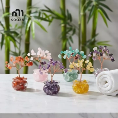 Cây tiền pha lê vàng mini tự nhiên – Trang trí bàn làm việc phong thủy, phong cách hoạt hình, mã não đỏ – Mới