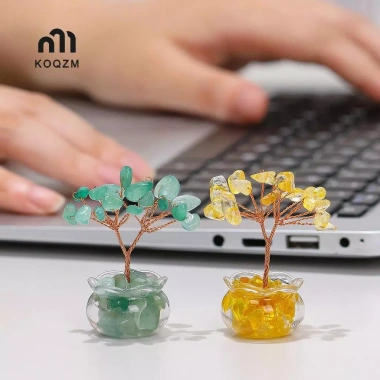 Cây tiền pha lê vàng mini tự nhiên – Trang trí bàn làm việc phong thủy, phong cách hoạt hình, mã não đỏ – Mới