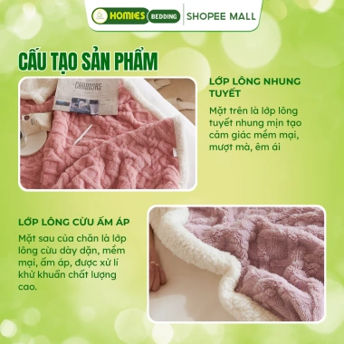 Chăn Lông Cừu HOMIES 2 Lớp Đắp Văn Phòng, Siêu Ấm 1.5x2.1, Màu Sắc Đa Dạng Cho Bé Đi Học 3