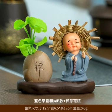 Chậu cây giả mini Tài Lộc kèm tượng Chú tiểu chắp tay Tiệm An Yên để bàn, trang trí, quà tặng, giá ưu đãi chỉ 90.000 VND