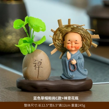 Chậu cây giả mini Tài Lộc kèm tượng Chú tiểu chắp tay Tiệm An Yên để bàn, trang trí, quà tặng, giá ưu đãi chỉ 90.000 VND