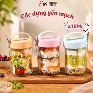 Cốc EMI 430ml Thủy Tinh Nắp Kín và Thìa - Đựng Ngủ, Yến Mạch, Sữa Chua, 58.999đ
