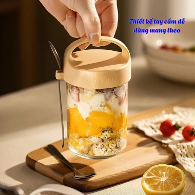 Cốc EMI 430ml Thủy Tinh Nắp Kín và Thìa - Đựng Ngủ, Yến Mạch, Sữa Chua, 58.999đ