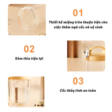 Cốc EMI 430ml Thủy Tinh Nắp Kín và Thìa - Đựng Ngủ, Yến Mạch, Sữa Chua, 58.999đ