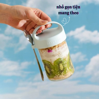 Cốc EMI 430ml Thủy Tinh Nắp Kín và Thìa - Đựng Ngủ, Yến Mạch, Sữa Chua, 58.999đ