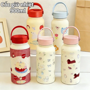 Cốc giữ nhiệt thép không gỉ 900ml đựng nước nóng lạnh, thiết kế hoạt hình, quà sinh nhật lý tưởng, giữ nhiệt 12h, không rò rỉ, giá ưu đãi 148.999