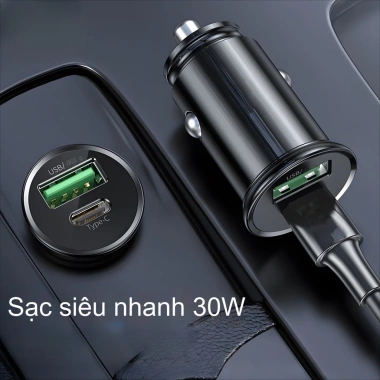 Cốc sạc nhanh ô tô PD30W Type-C và USB-A, hỗ trợ iPhone Samsung Huawei, chuẩn PD/QC 3.0, giá ưu đãi 78.800₫