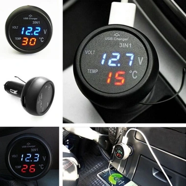 Cốc sạc ô tô 3in1 đa năng kèm đồng hồ nhiệt độ và vôn ắc quy mẫu mới, chất tốt