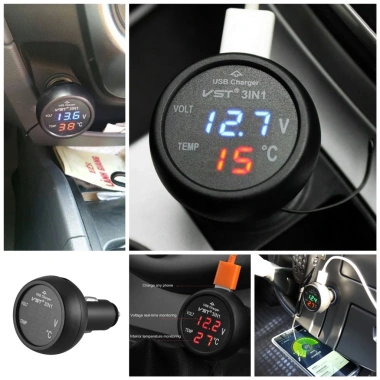 Cốc sạc ô tô 3in1 đa năng kèm đồng hồ nhiệt độ và vôn ắc quy mẫu mới, chất tốt