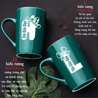 Cốc sứ in hình Chữ Cao Bồi & Nơ, khắc tên cá nhân hoá Đen Xanh, quà tặng 20.000₫ 5