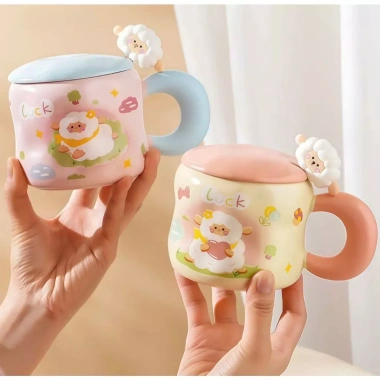 Cốc sứ Ly 450ml Nắp hình con cừu + Muỗng, Quà tặng an toàn cho nước nóng - Giá 104.000đ