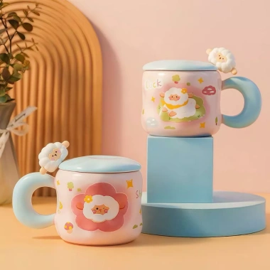 Cốc sứ Ly 450ml Nắp hình con cừu + Muỗng, Quà tặng an toàn cho nước nóng - Giá 104.000đ