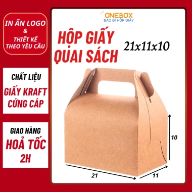 Combo 100 Hộp Giấy KRAFT Dáng Gài Quai Xách 21x11x10 - Đựng Bánh, Kẹo, Đồ Ăn cho Nhà Hàng, Khách Sạn Cao Cấp