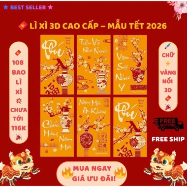 Combo 108 Bao Lì Xì 3D Ánh Kim Cao Cấp Tết Bính Ngọ 2.026 - Giấy Dày Sang Trọng, Tinh Xảo, May Mắn 3 Combo 108 Bao Lì Xì 3D Ánh Kim Cao Cấp Tết Bính Ngọ 2.026 - Giấy Dày Sang Trọng, Tinh Xảo, May Mắn 3