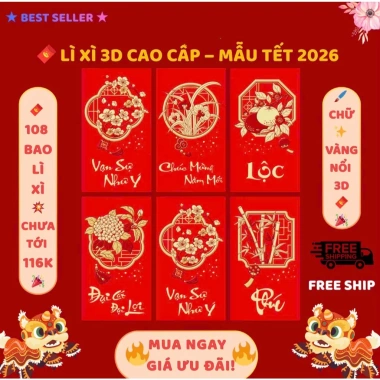 Combo 108 Bao Lì Xì 3D Ánh Kim Cao Cấp Tết Bính Ngọ 2.026 - Giấy Dày Sang Trọng, Tinh Xảo, May Mắn 5 Combo 108 Bao Lì Xì 3D Ánh Kim Cao Cấp Tết Bính Ngọ 2.026 - Giấy Dày Sang Trọng, Tinh Xảo, May Mắn 5