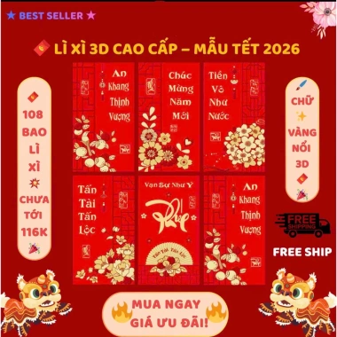 Combo 108 Bao Lì Xì 3D Ánh Kim Cao Cấp Tết Bính Ngọ 2.026 - Giấy Dày Sang Trọng, Tinh Xảo, May Mắn