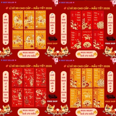 Combo 108 Bao Lì Xì 3D Ánh Kim Cao Cấp Tết Bính Ngọ 2.026 - Giấy Dày Sang Trọng, Tinh Xảo, May Mắn