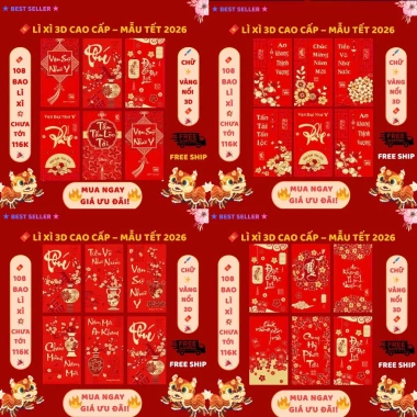 Combo 108 Bao Lì Xì 3D Ánh Kim Cao Cấp Tết Bính Ngọ 2.026 - Giấy Dày Sang Trọng, Tinh Xảo, May Mắn