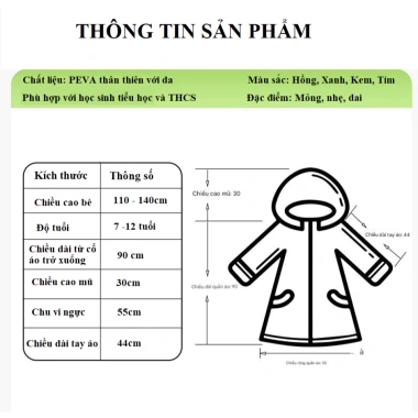 Combo 2 áo mưa măng tô cho bé gái & bé trai, cao 110‑140cm, nhẹ gọn, học sinh tiểu học AM04 6