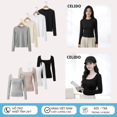 Combo 2 Áo Thun Nữ CELIDO Dài Tay Cổ Tròn và Cổ Vuông Cao Cấp Tôn Dáng Sang Trọng - Đồ Tết 2.026 Giá 127k