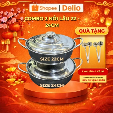 Combo 2 Nồi Lẩu Inox 22-24cm Đáy 3 Lớp - Dùng Gas & Hồng Ngoại, Quà Tặng 159k