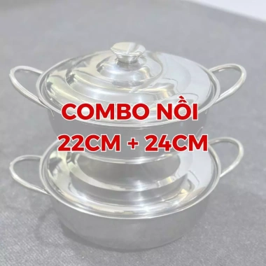 Combo 2 Nồi Lẩu Inox 22-24cm Đáy 3 Lớp - Dùng Gas & Hồng Ngoại, Quà Tặng 159k