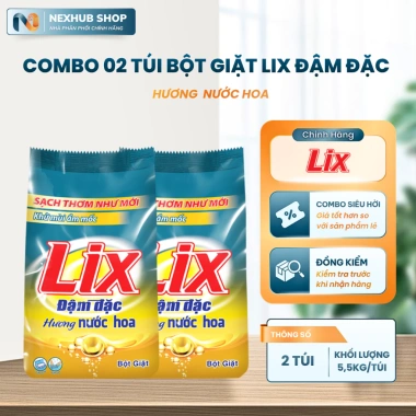 Combo 2 Túi 5.5Kg Bột Giặt Lix Đậm Đặc Hương Hoa, Tẩy Vết Bẩn, Khử Mùi Ẩm Mốc, Bảo Vệ Da Tay - 376.740₫