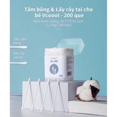 Combo 3 hộp Tăm Bông Vcool 200 Que Kháng Khuẩn, Mềm Mại 2 đầu tròn-dẹp cho Sơ Sinh & Gia Đình - Giá chỉ 40.998₫ 2
