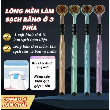 Combo 4 Bàn Chải Đánh Răng 3 Đầu - Lông Mềm Mại, Sạch Góc, Bảo Vệ Răng