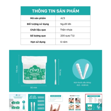Combo 4 Túi Tăm Bông Niva AZ3 - 200 que nhựa đa năng, dùng cho ngoáy tai, vệ sinh, trang điểm, giá ưu đãi 58.016₫ 3